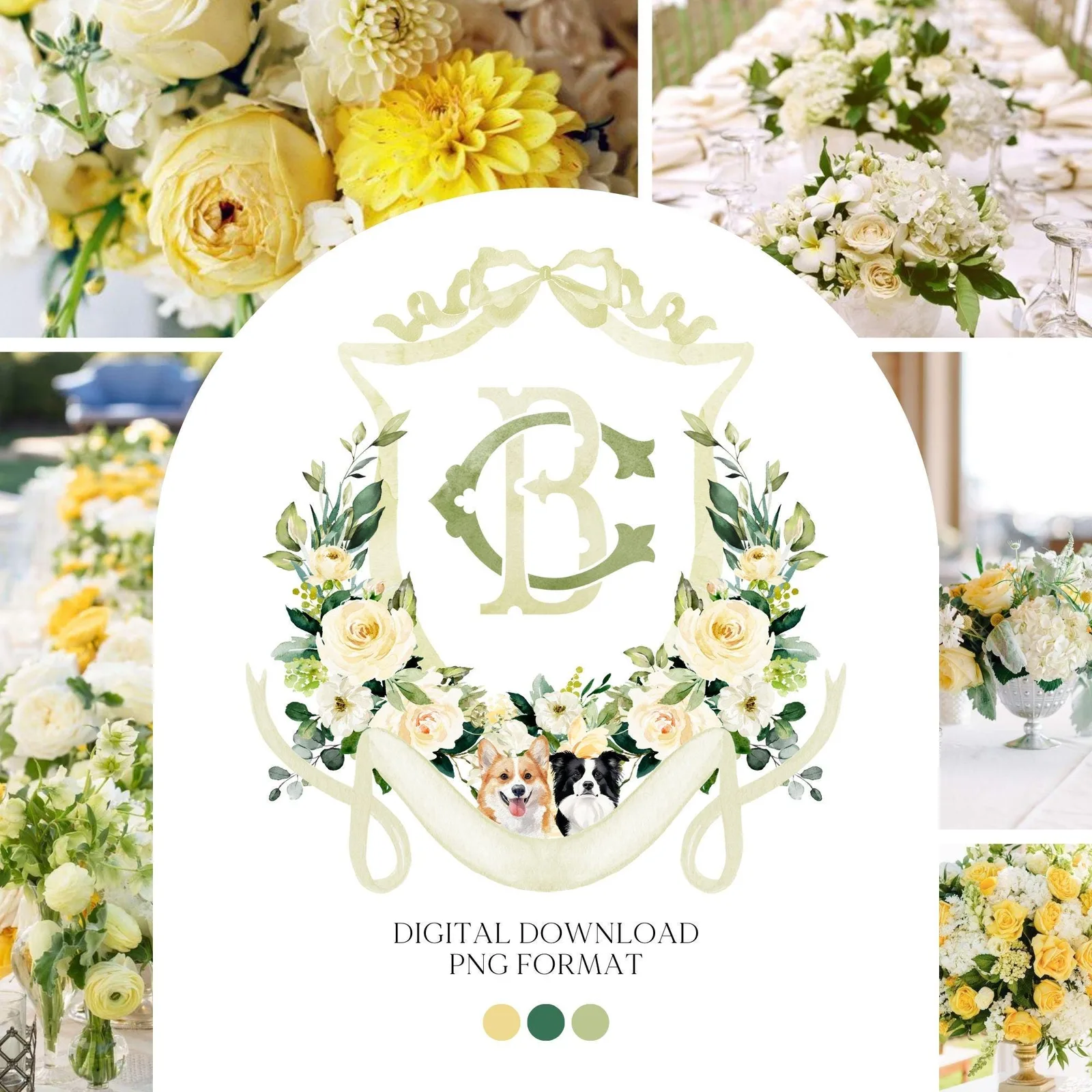 Lemon Green White Yellow Floral Flower Wedding Crest - Monogram Crest - Floral Luxury Watercolor Wedding Crest - Romantic Wedding Crest