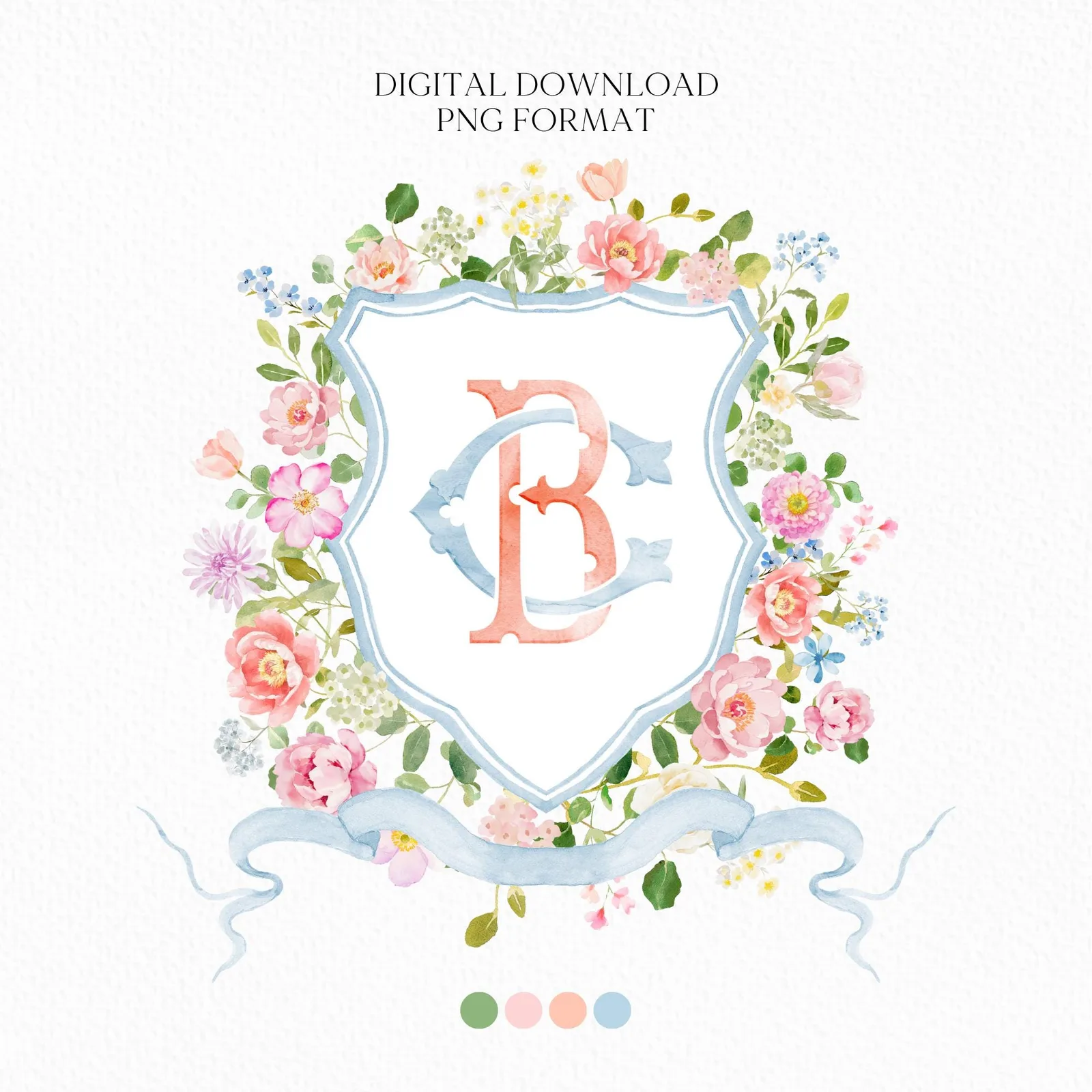 Wildflowers Bright Floral Colorful Watercolor Wedding Crest - Monogram Crest - Floral Watercolor Wedding Crest - Romantic Wedding Crest