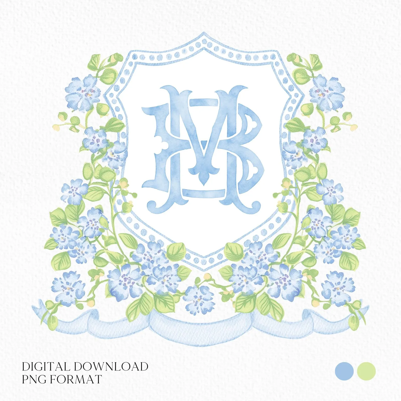 Watercolor Blue Flower Wedding Crest - Monogram Crest