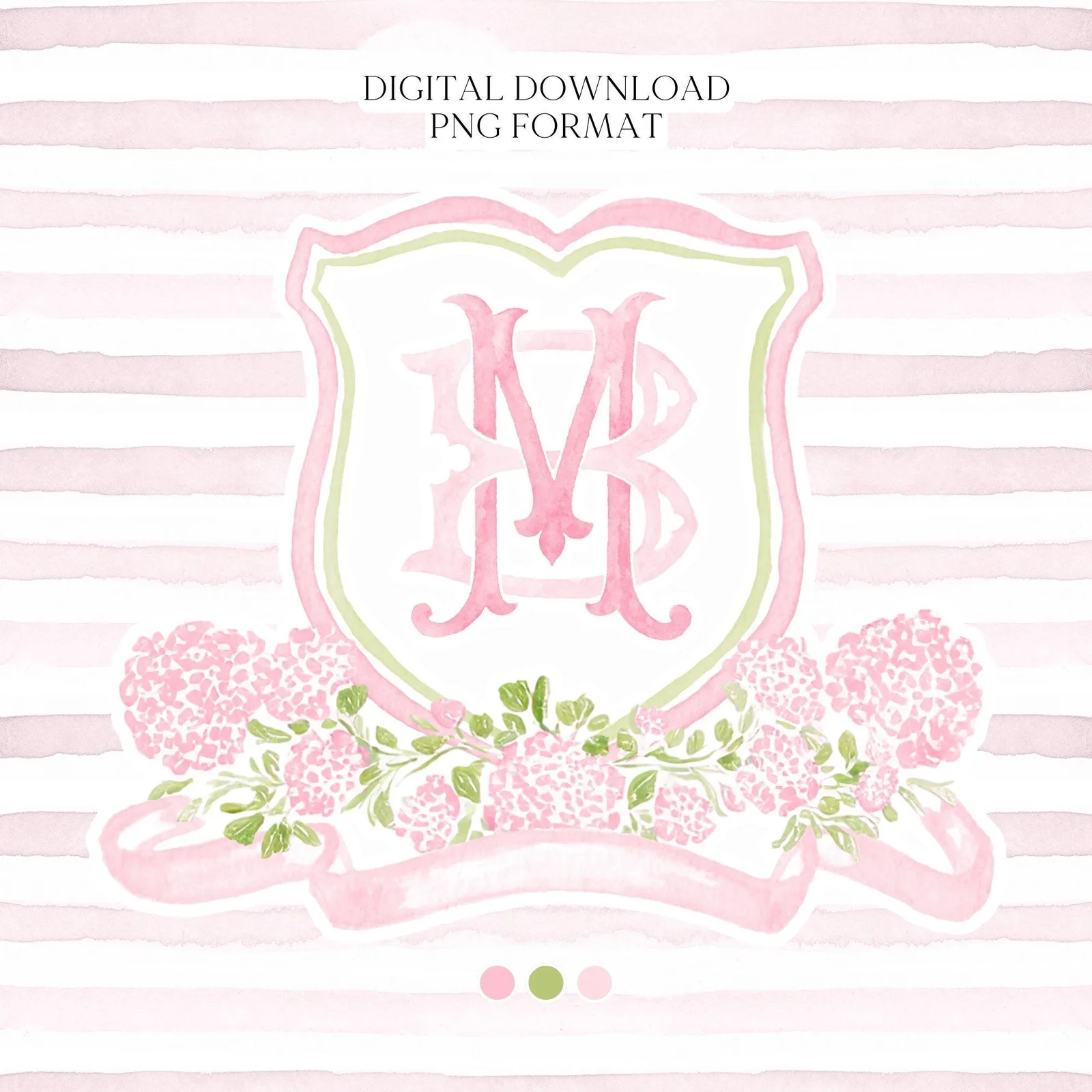 Pink Hydrangea Flower Wedding Crest - Monogram Crest - Light Pink Color Hydrangea Floral Luxury Watercolor Wedding Crest
