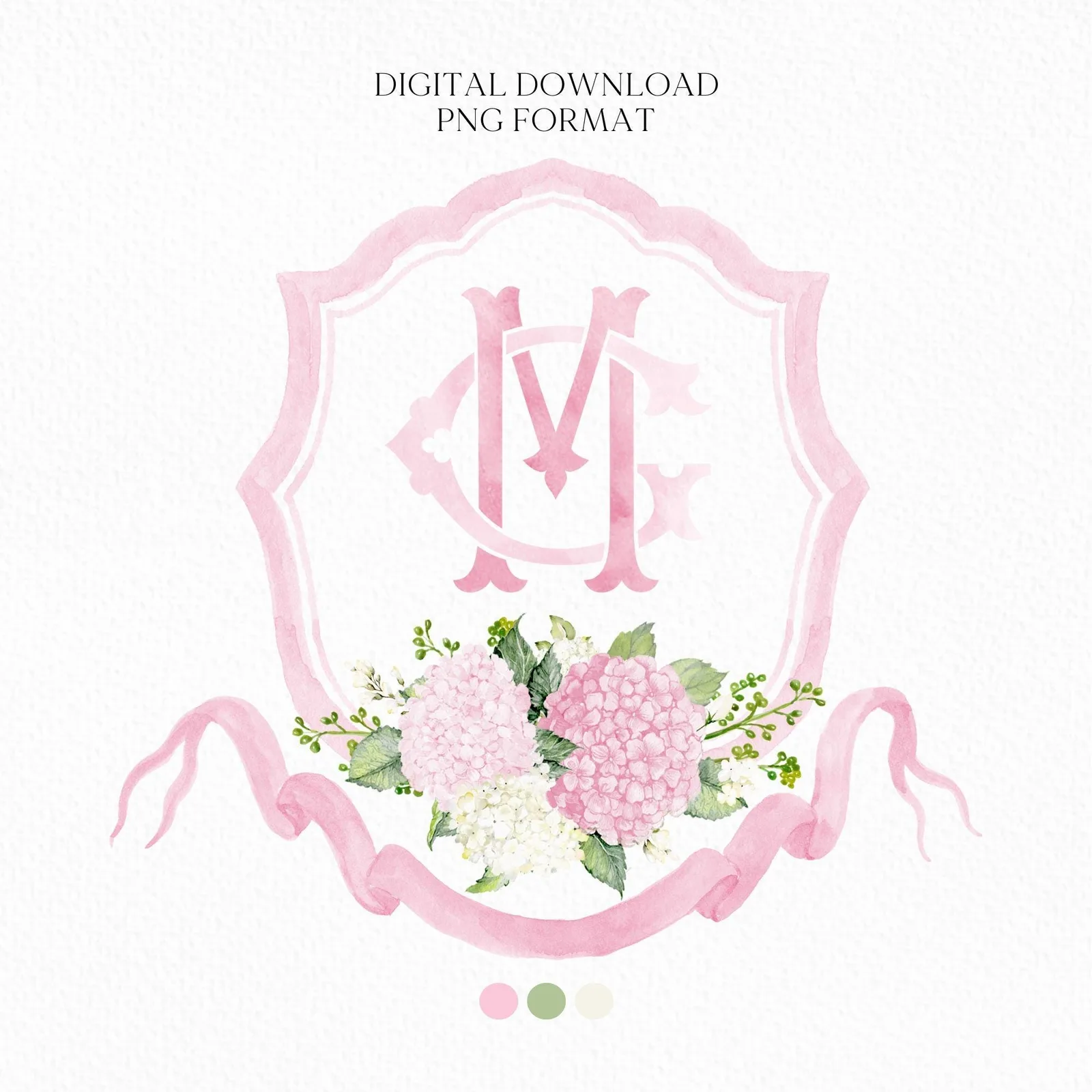 Pink Hydrangea Flower Wedding Crest - Monogram Crest - White Hydrangea Floral Luxury Watercolor Wedding Crest - Romantic Wedding Crest
