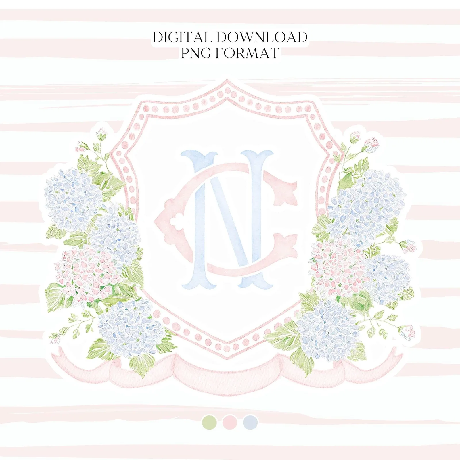 Blue Pink Hydrangea Flower Wedding Crest - Monogram Crest - Pastel Color Hydrangea Floral Luxury Watercolor Wedding Crest