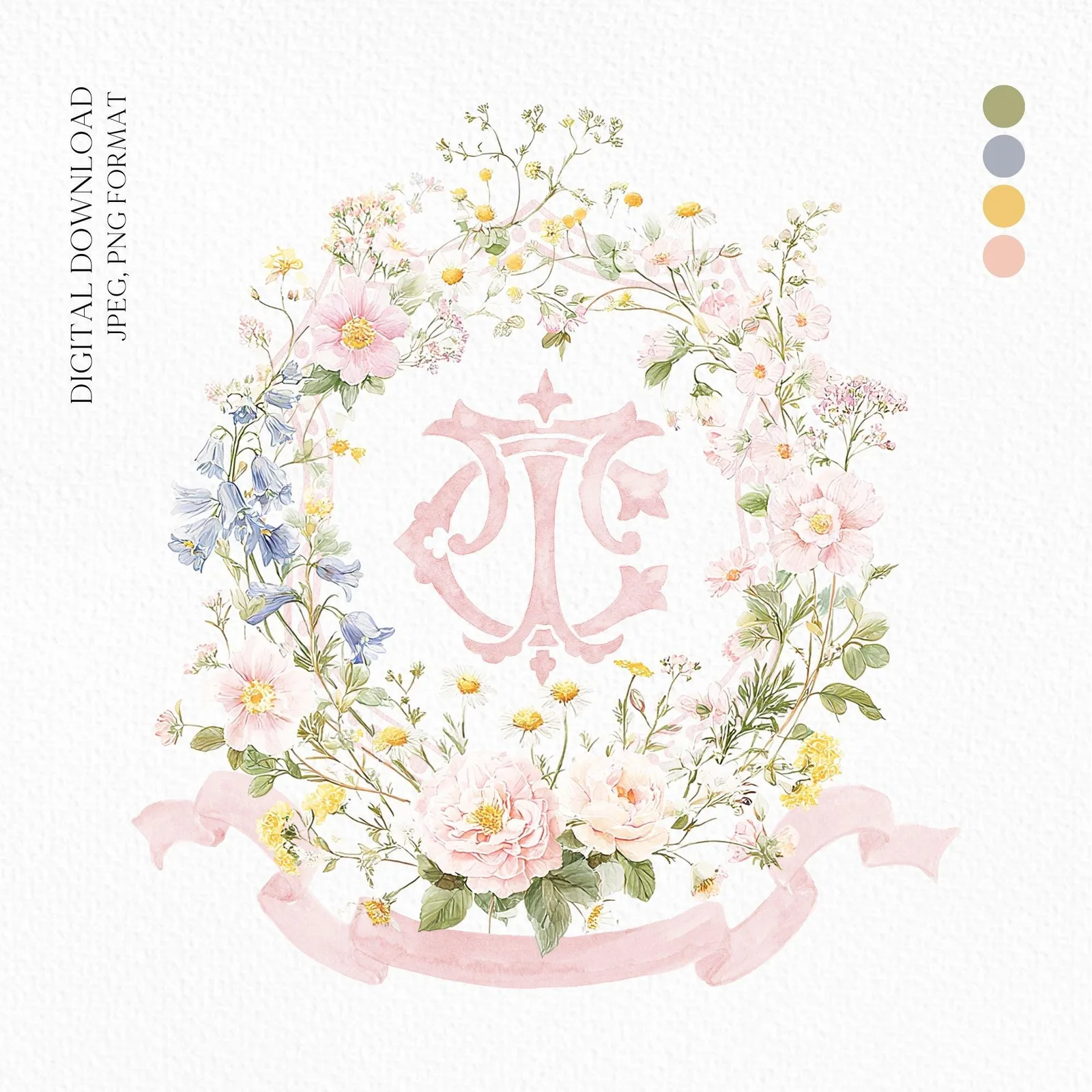 Pastel Wildflowers Light Pink Watercolor Wedding Crest - Monogram Crest - Floral Watercolor Wedding Crest - Romantic Wedding Crest