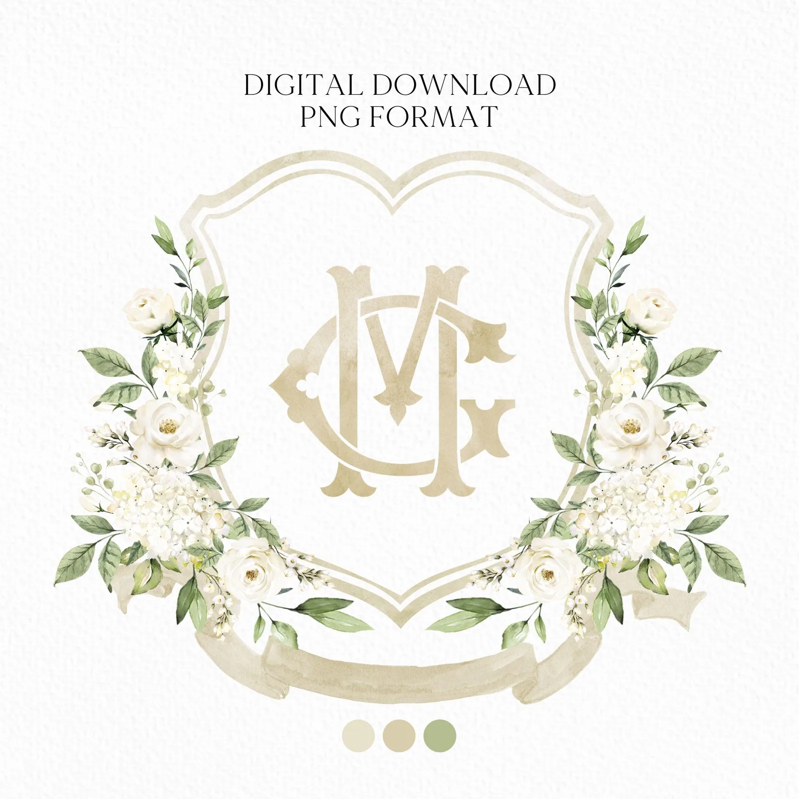 White Rose Greenery White Flower Wedding Crest - Monogram Crest - White Floral Watercolor Wedding Crest - Romantic Wedding Crest
