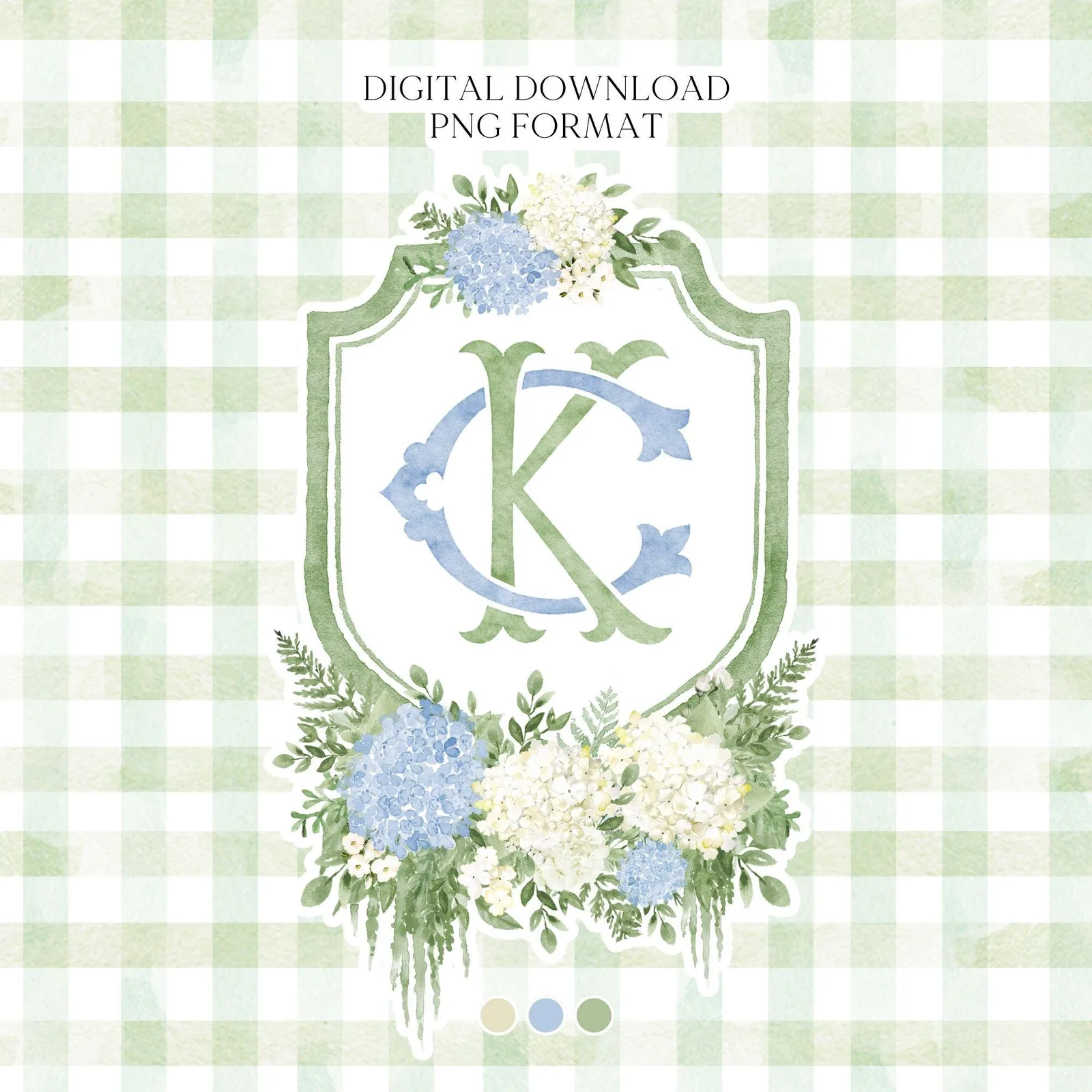 Blue Hydrangea Flower Wedding Crest - Monogram Crest - Hydrangea White Floral Luxury Watercolor Wedding Crest - Romantic Wedding Crest