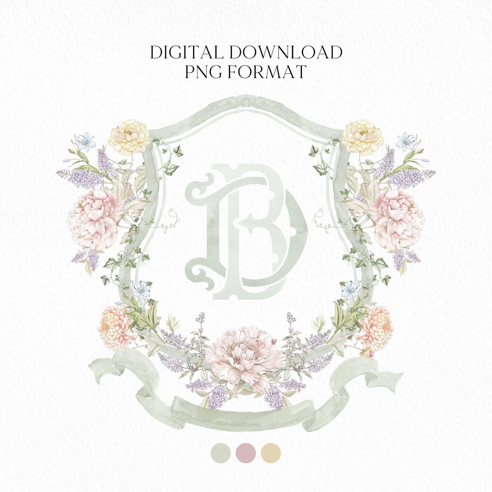 Botanical Garden Flower Wedding Crest - Monogram Crest - Floral Luxury Watercolor Wedding Crest - Romantic Wedding Crest - Vintage Floral