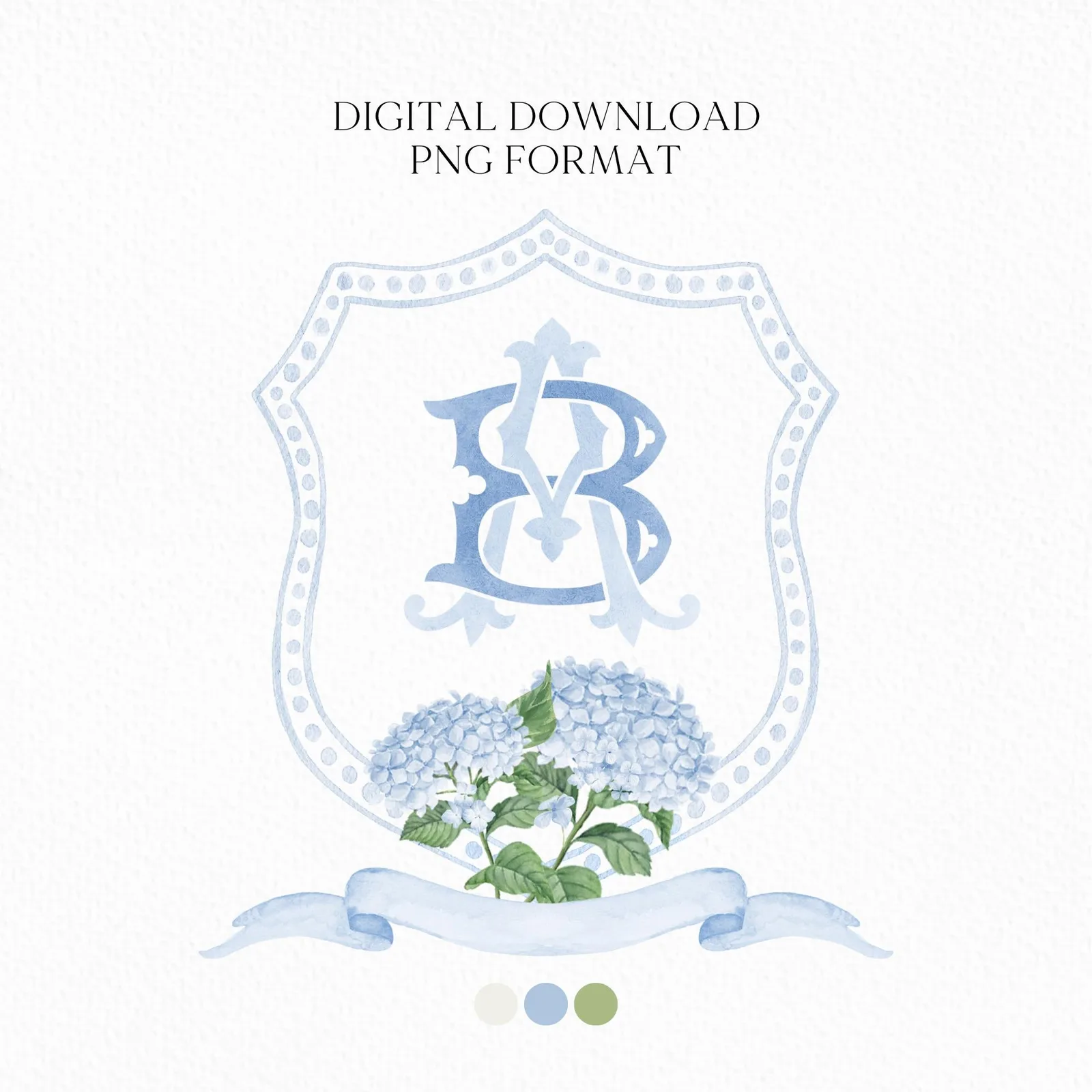 Hydrangea Blue Wedding Crest - Monogram Crest - Hydrangea Floral Luxury Watercolor Wedding Crest - Romantic Wedding Crest