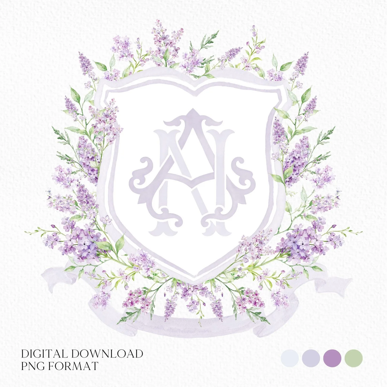 Lilac Lavender Purple Flower Wedding Crest - Monogram Crest - lavender purple Floral Luxury Watercolor Wedding Crest, Romantic Wedding Crest