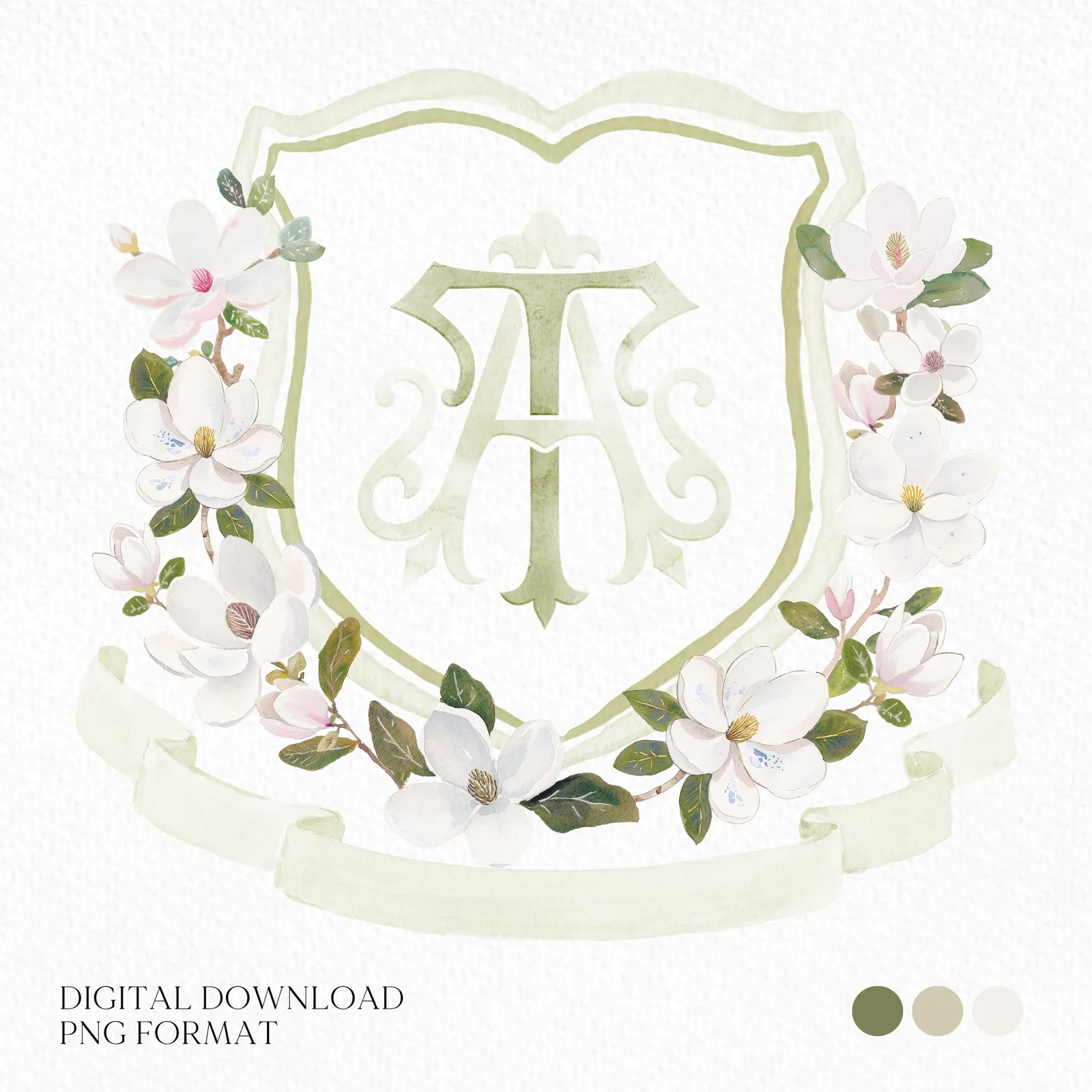 Magnolia Greenery Flower Watercolor Wedding Crest