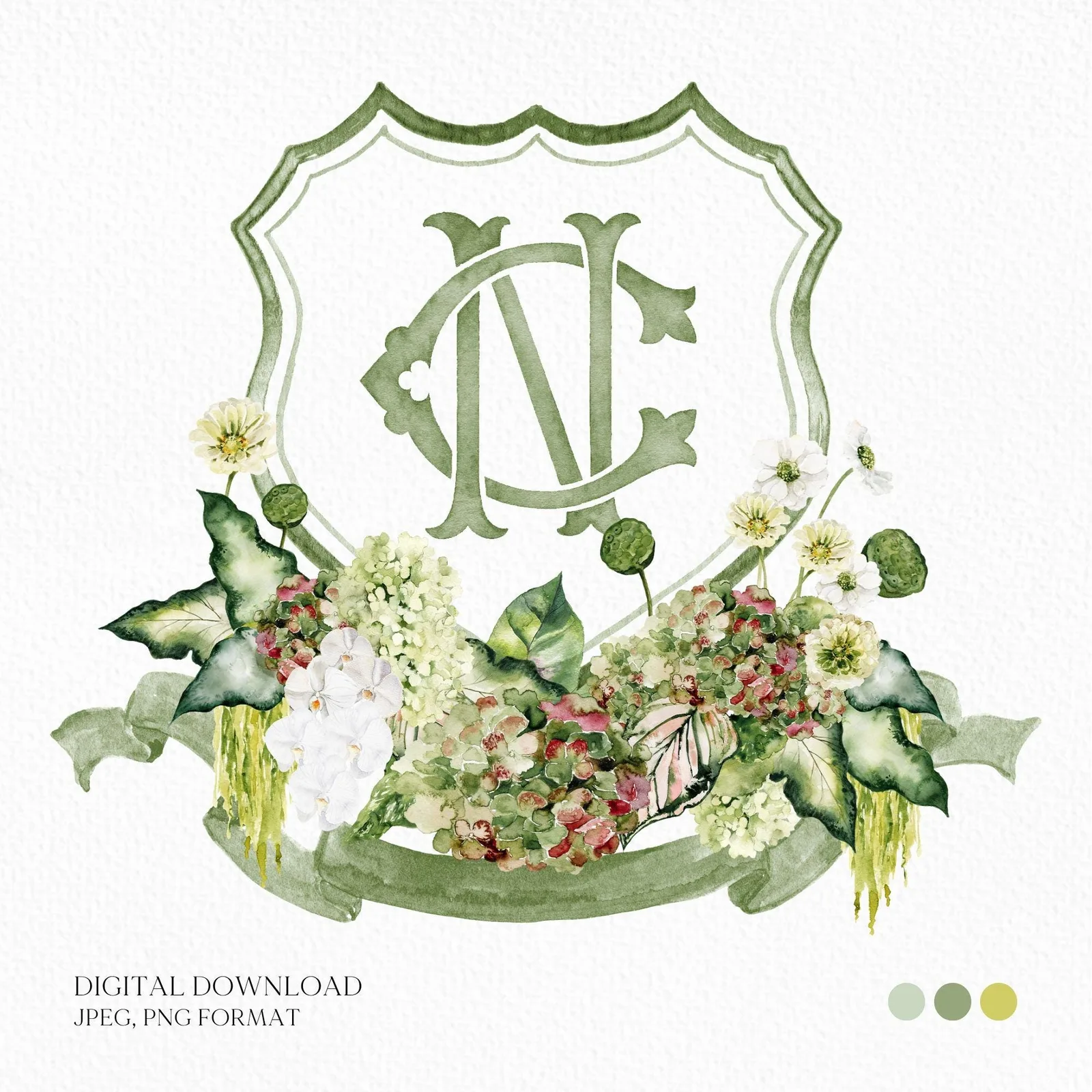 Green Hydrangea Flower Wedding Crest - Monogram Crest - Lush bright Greenery Floral Watercolor Wedding Crest - Australian Wedding Crest