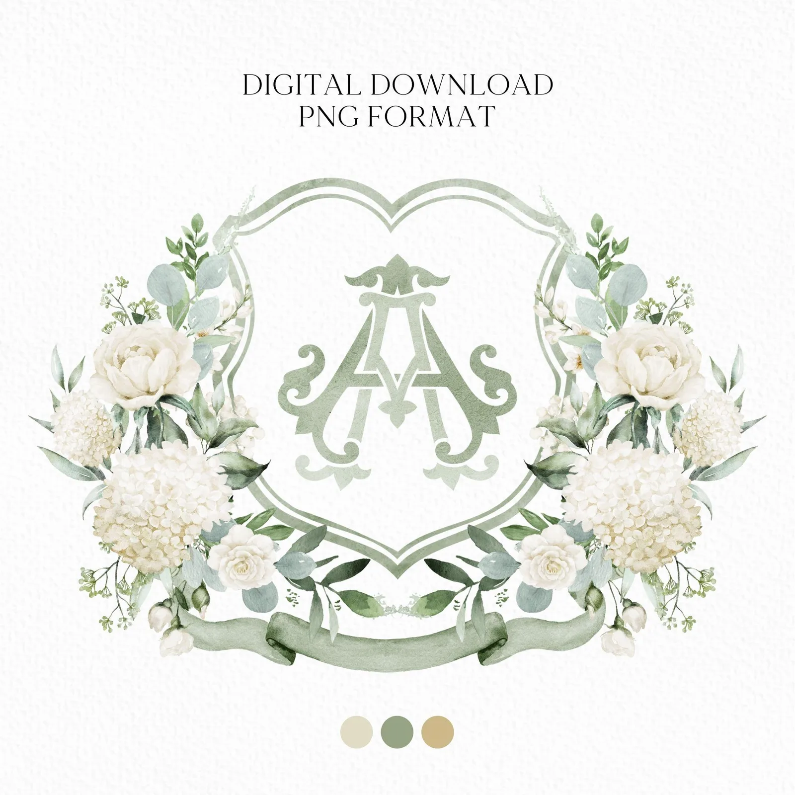 Hydrangea White Rose Greenery Flower Wedding Crest - Monogram Crest - Hydrangea White Floral Watercolor Wedding Crest Romantic Wedding Crest