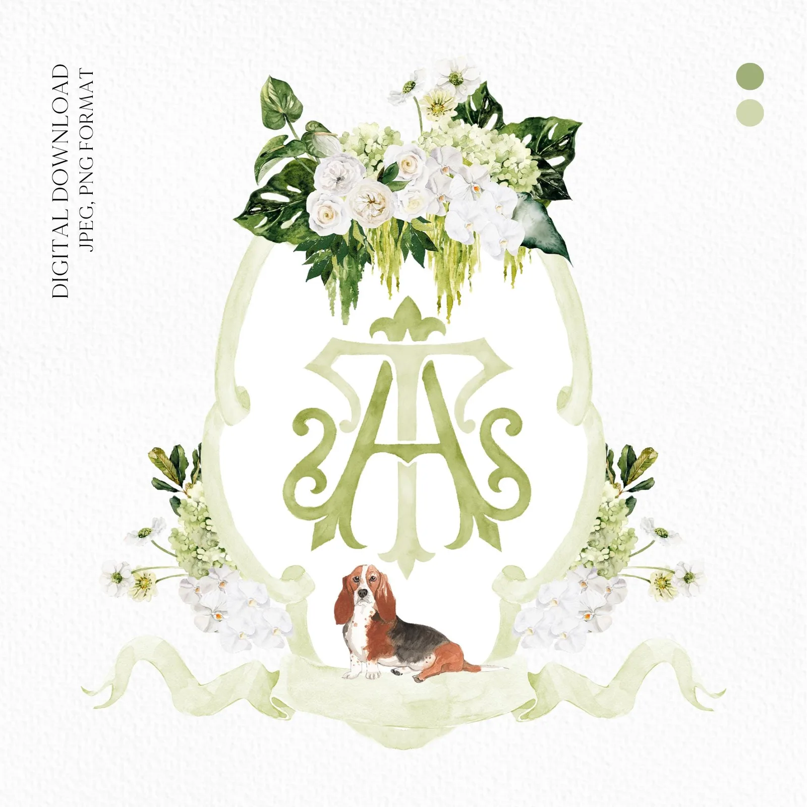 Hydrangea Macrophylla Green Flower Wedding Crest, Monogram Crest, Lush bright Greenery Floral Watercolor Wedding Crest, Hydrangea Crest