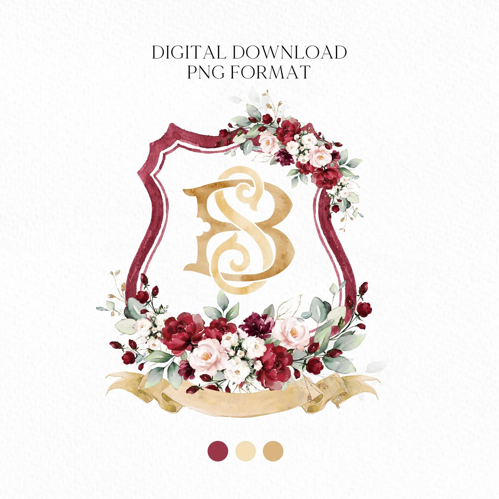 Burgundy Rose Flower Wedding Crest - Monogram Crest