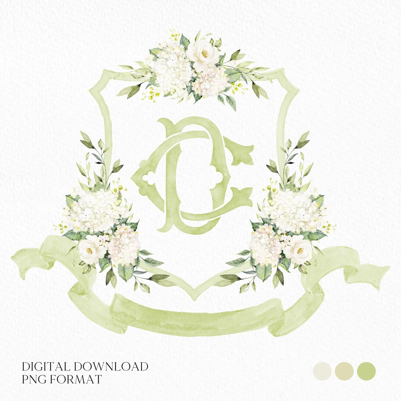 White Hydrangea Flower Wedding Crest - Monogram Crest - Hydrangea Floral Luxury Watercolor Wedding Crest - Romantic Wedding Crest