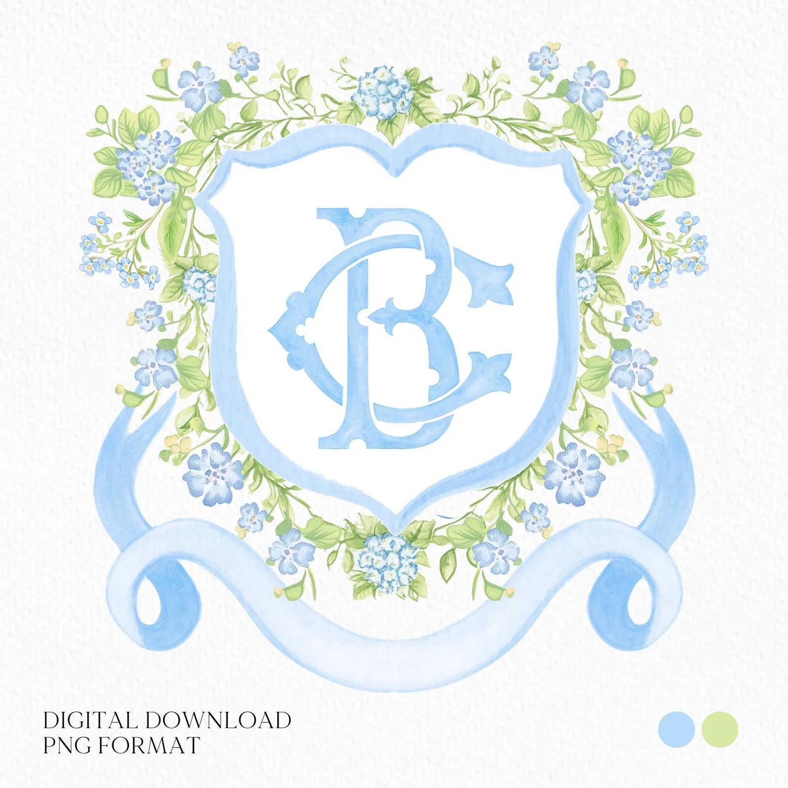 Watercolor Blue Flower Wedding Crest - Monogram Crest - Botanical Floral Blue Watercolor Wedding Crest - Vintage Green Floral Wedding Crest