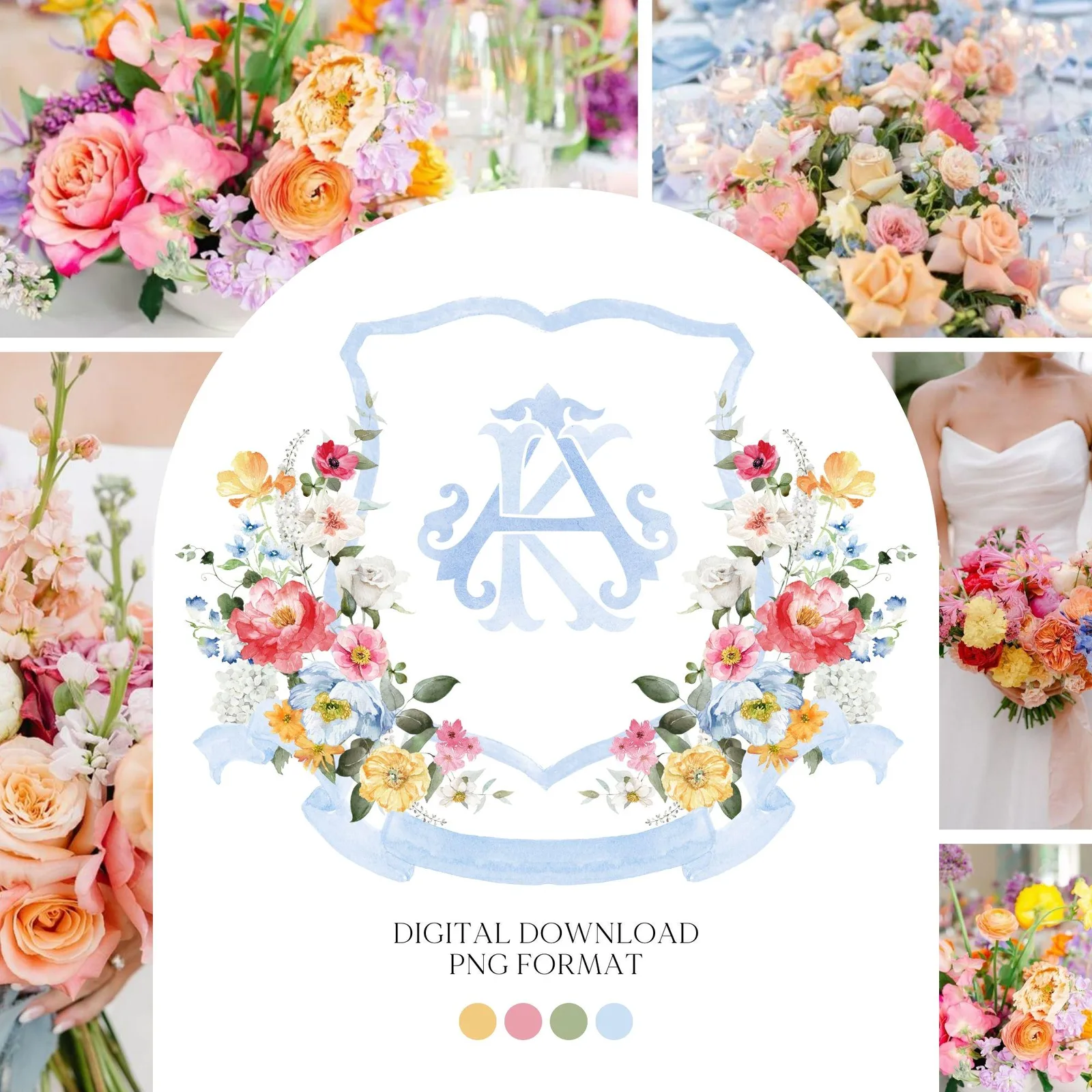 Wildflowers Bright Floral Colorful Watercolor Wedding Crest - Monogram Crest - Floral Watercolor Wedding Crest - Romantic Wedding Crest