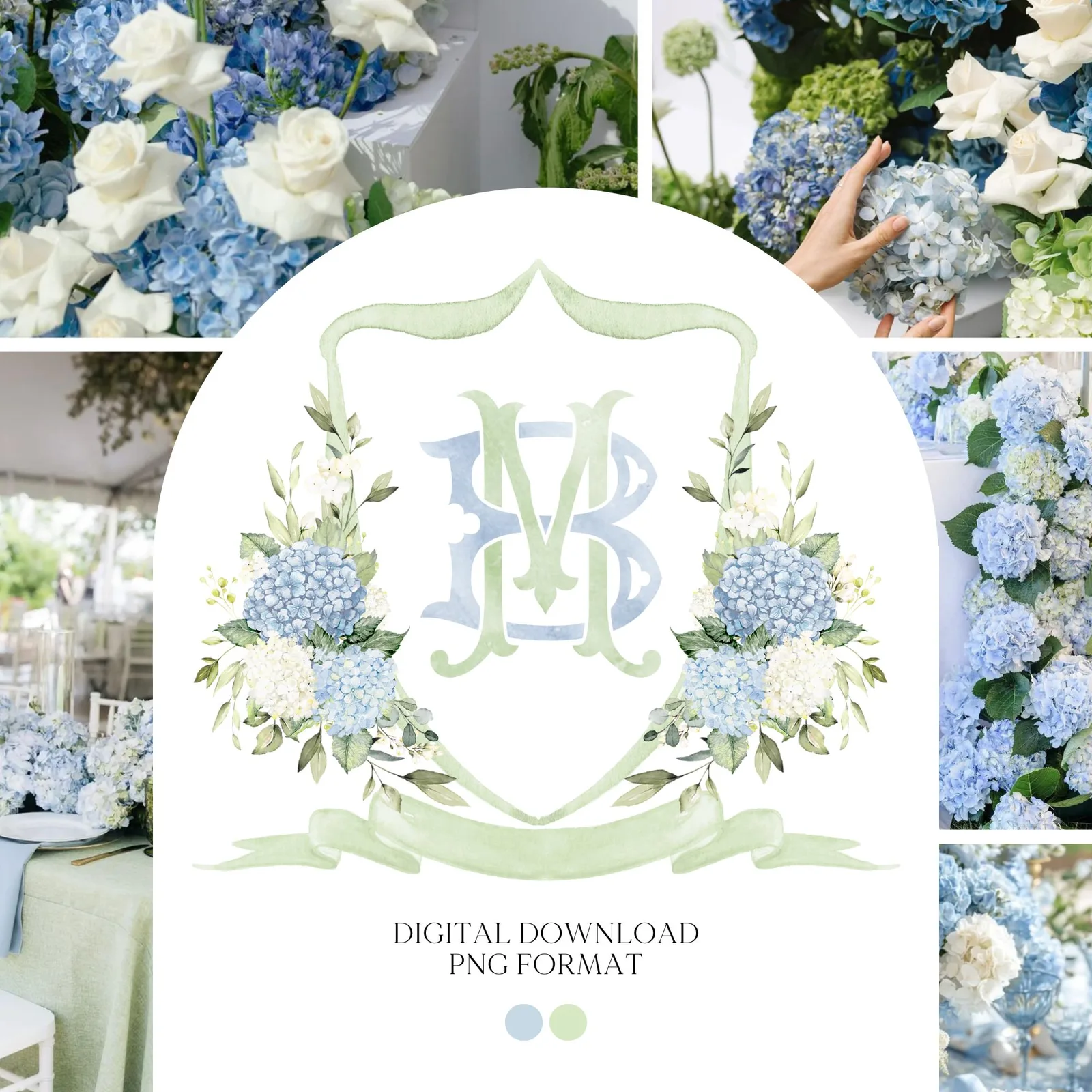White Roses Hydrangea Flower Wedding Crest - Monogram Crest - Hydrangea Floral Luxury Watercolor Wedding Crest - Romantic Wedding Crest