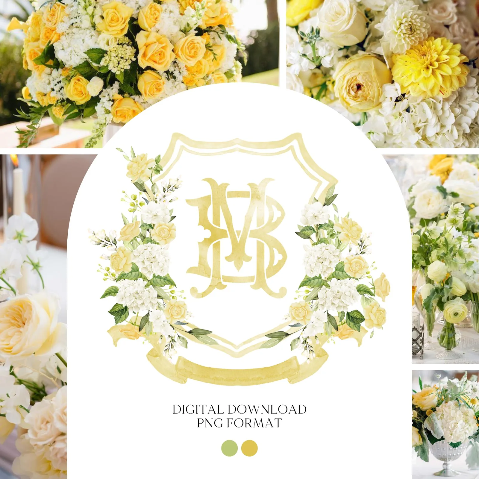 White Hydrangea Yellow Roses Flower Wedding Crest - Monogram Crest - Greenery Floral Luxury Watercolor Wedding Crest