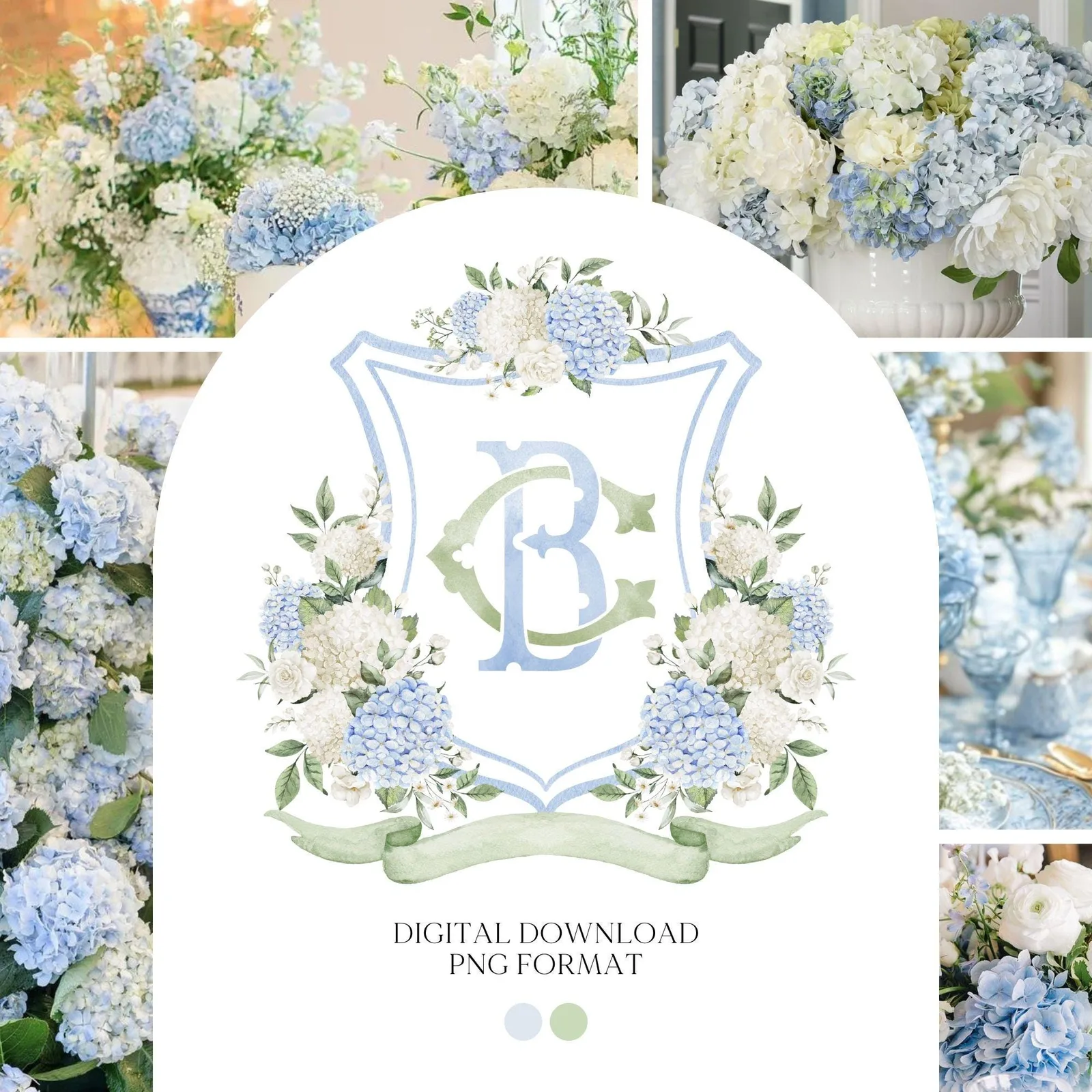 Hydrangea Flower Wedding Crest - Monogram Crest - Hydrangea Floral Luxury Watercolor Wedding Crest - Romantic Wedding Crest- Boho Hydrangea