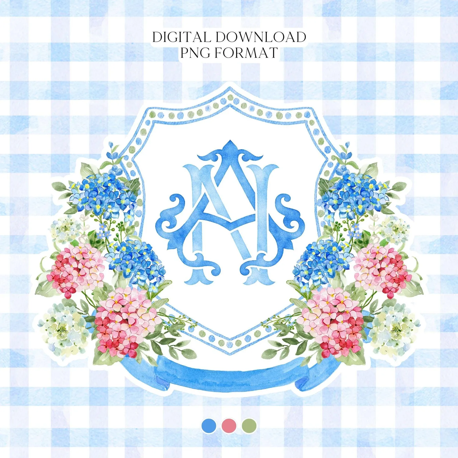 Watercolor Blue Pink Hydrangea Wedding Crest – Hydrangea Floral Monogram (Digital Download)