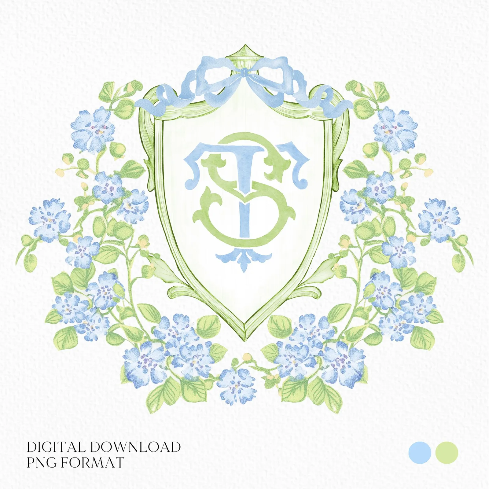 Watercolor Blue Flower Wedding Crest - Monogram Crest