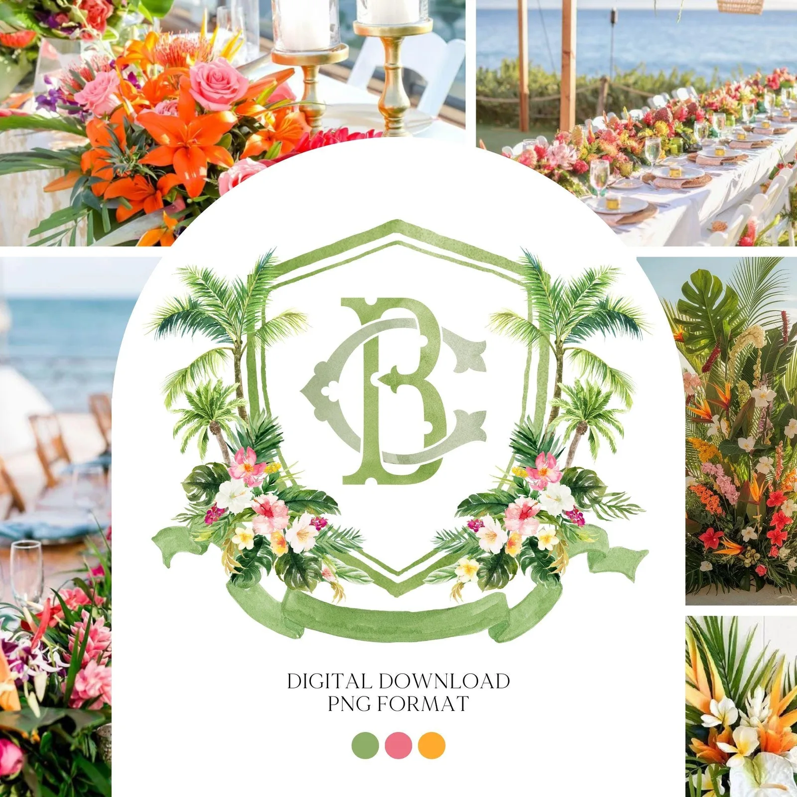 Tropical Watercolor Flowers Wedding Crest - Monogram Crest - Greenery Floral Blue Watercolor Wedding Crest - Romantic Wedding Crest