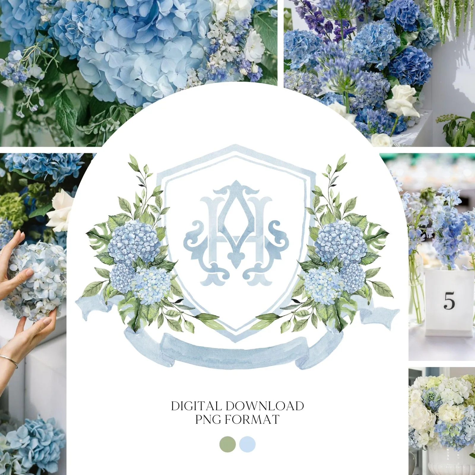 Blue Hydrangea Flower Wedding Crest - Monogram Crest - Hydrangea Floral Luxury Watercolor Wedding Crest - Romantic Wedding Crest