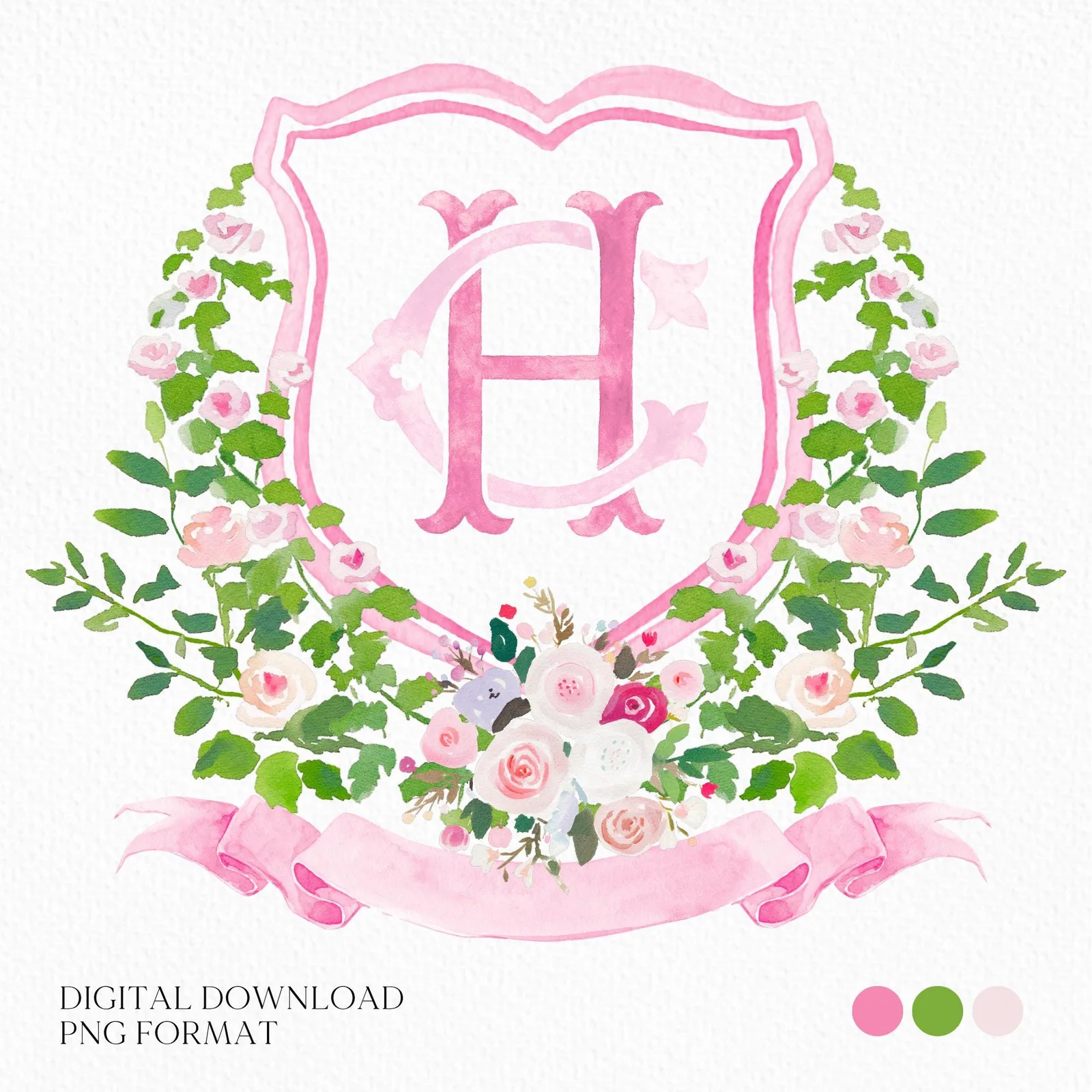 Pastel Roses Pink Greenery Flower Wedding Crest