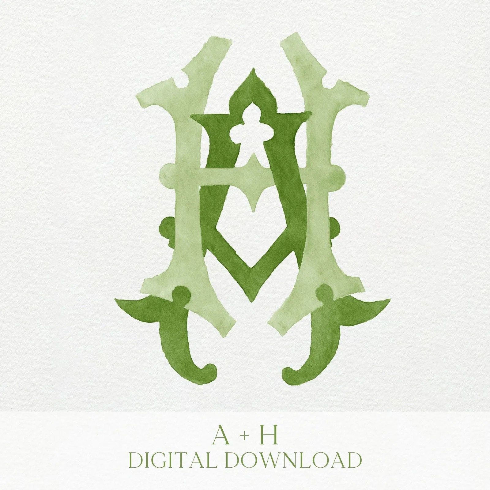 Watercolor Wedding Monogram AH - Classic Initial Crest (Digital Download)