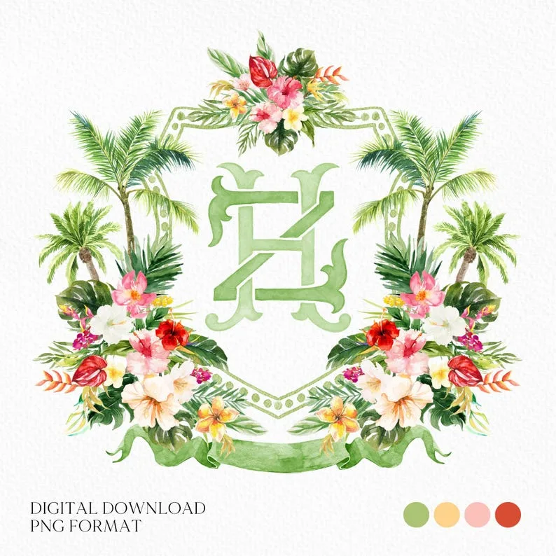 Tropical Palm Watercolor Flowers Wedding Crest - Monogram Crest - Watercolor Palm Springs Wedding Crest - Romantic Wedding