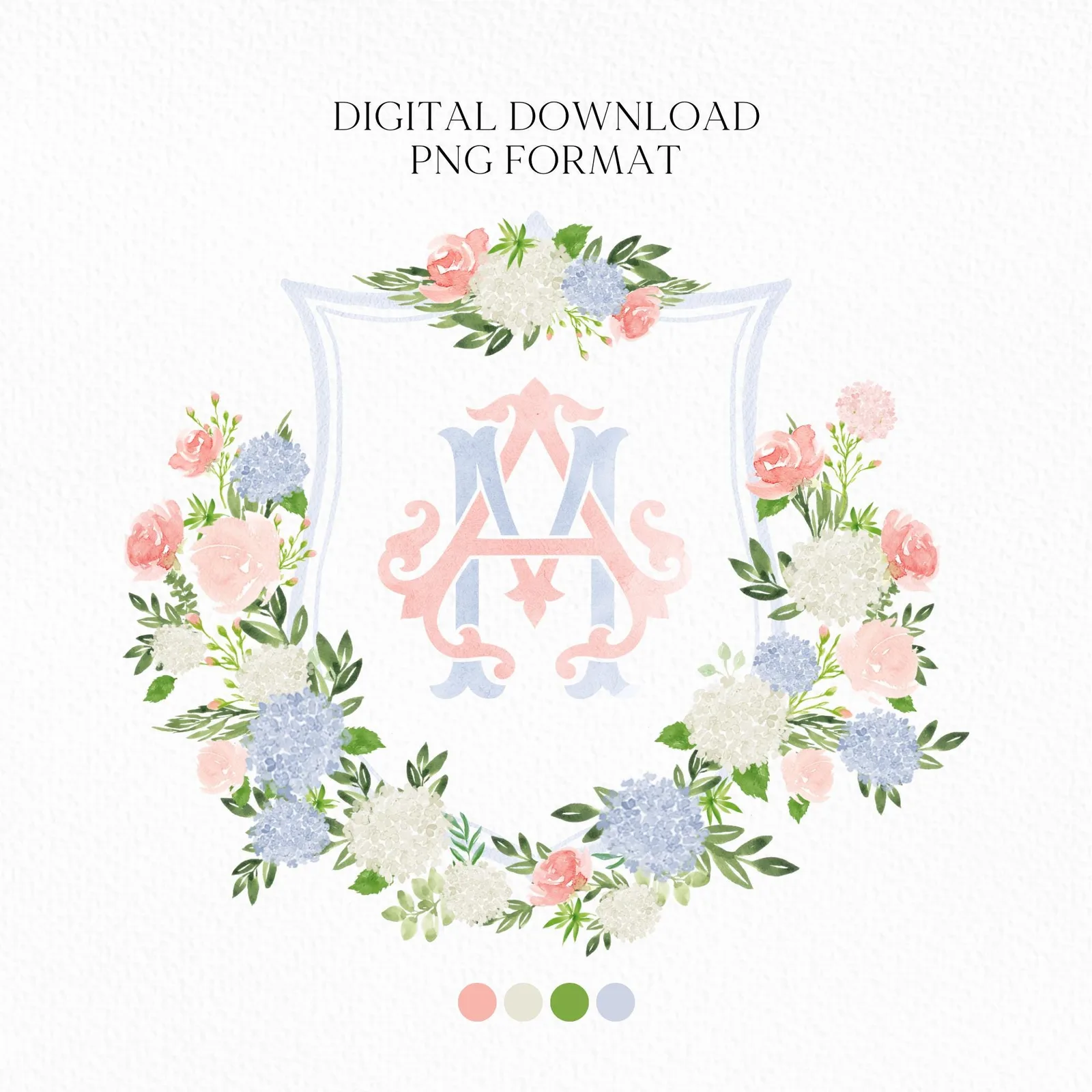 Blue Hydrangea Blush Peony Flower Wedding Crest - Monogram Crest - Floral Luxury Watercolor Wedding Crest - Romantic Wedding Crest