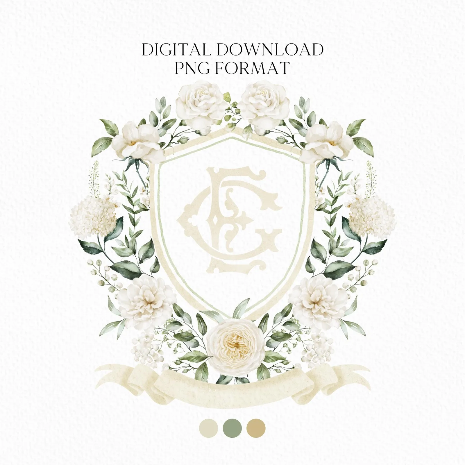 White Rose Greenery Hydrangea Flower Wedding Crest - Monogram Crest - Hydrangea White Floral Watercolor Wedding Crest Romantic Wedding Crest