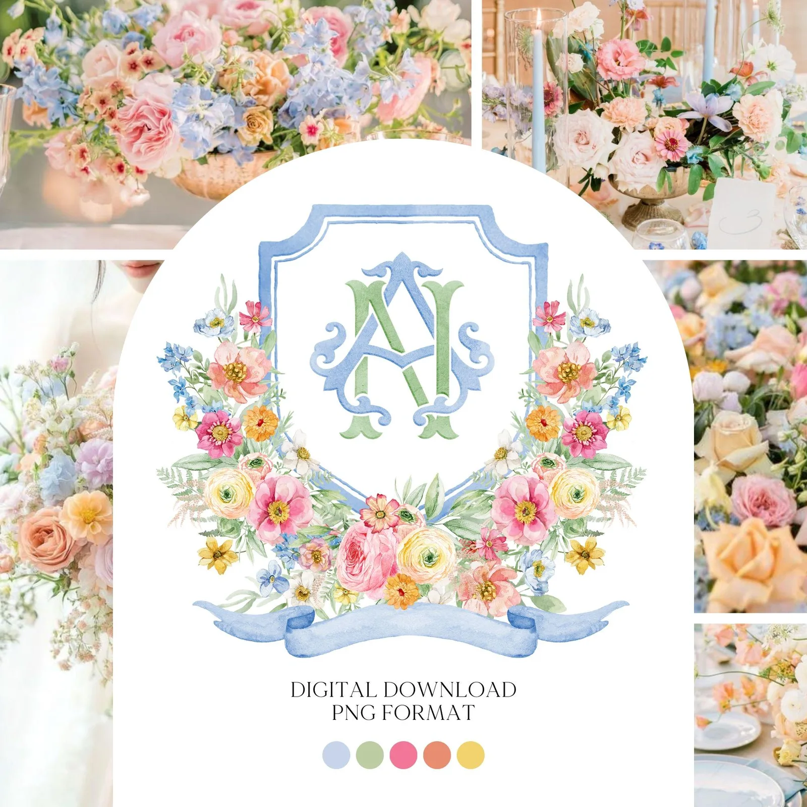 Wildflowers Bright Floral Colorful Watercolor Wedding Crest - Monogram Crest - Floral Watercolor Wedding Crest - Romantic Wedding Crest