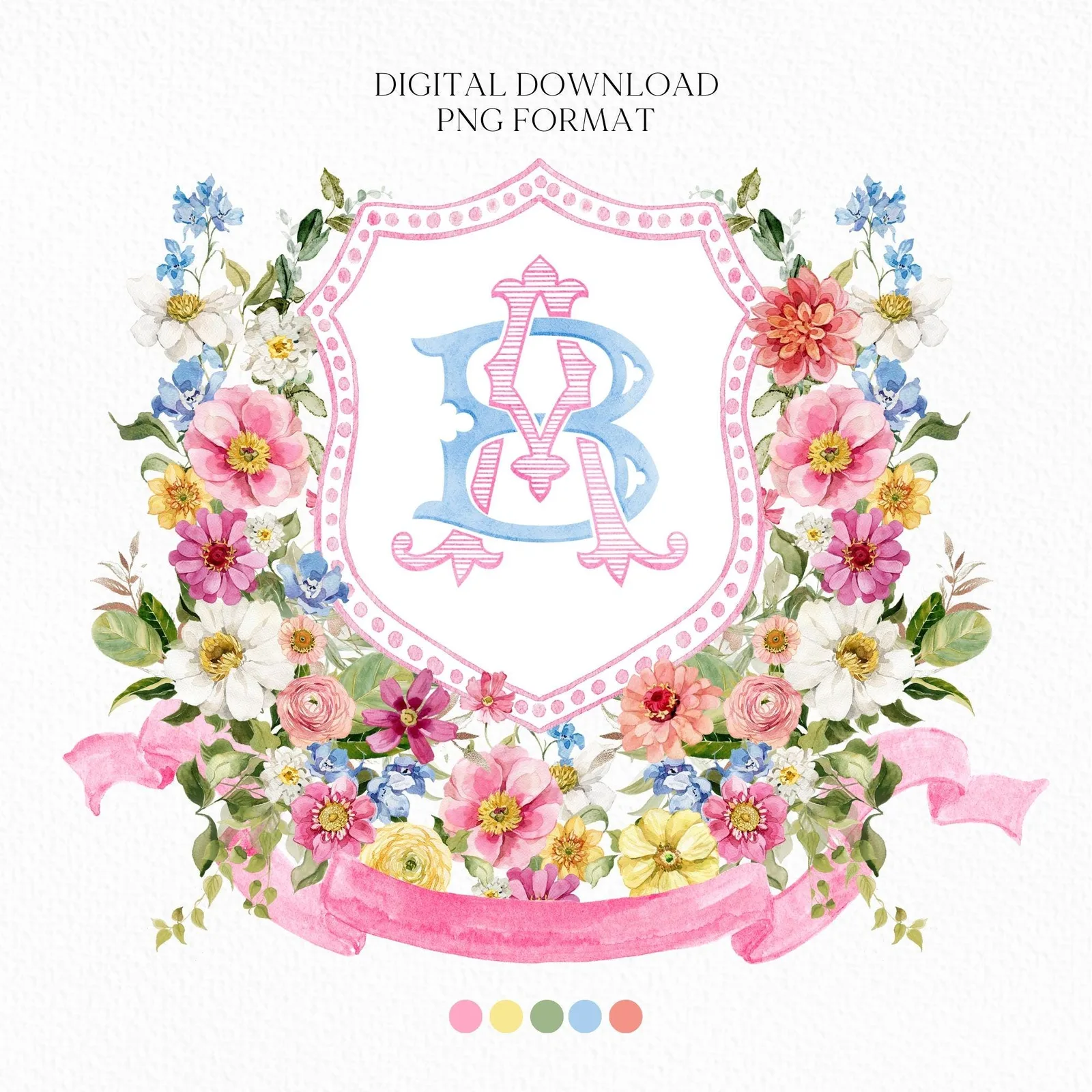 Wildflowers Bright Floral Colorful Watercolor Wedding Crest