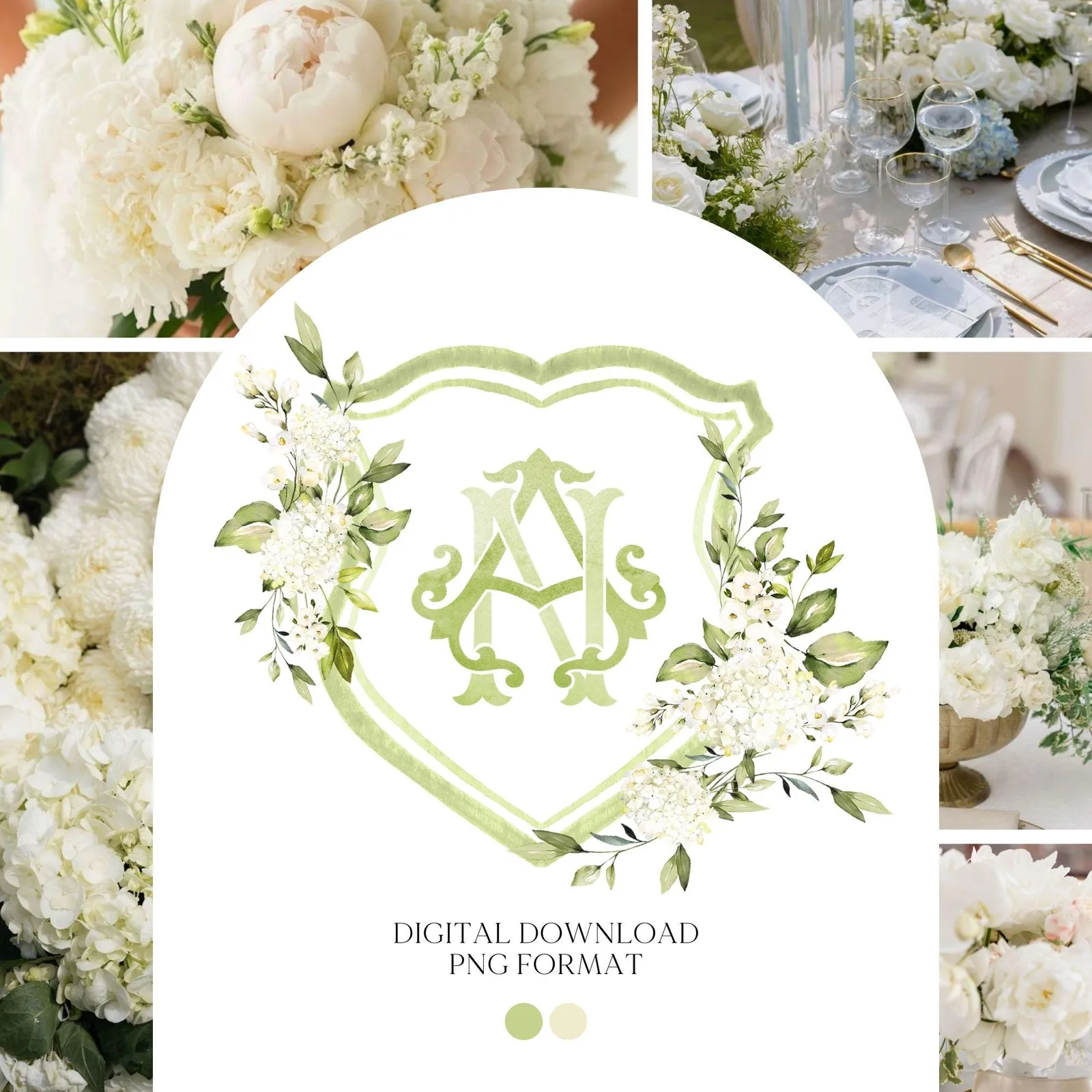 White Hydrangea Flower Greenery Wedding Crest - Monogram Crest - Hydrangea Floral Luxury Watercolor Wedding Crest - Romantic Wedding Crest