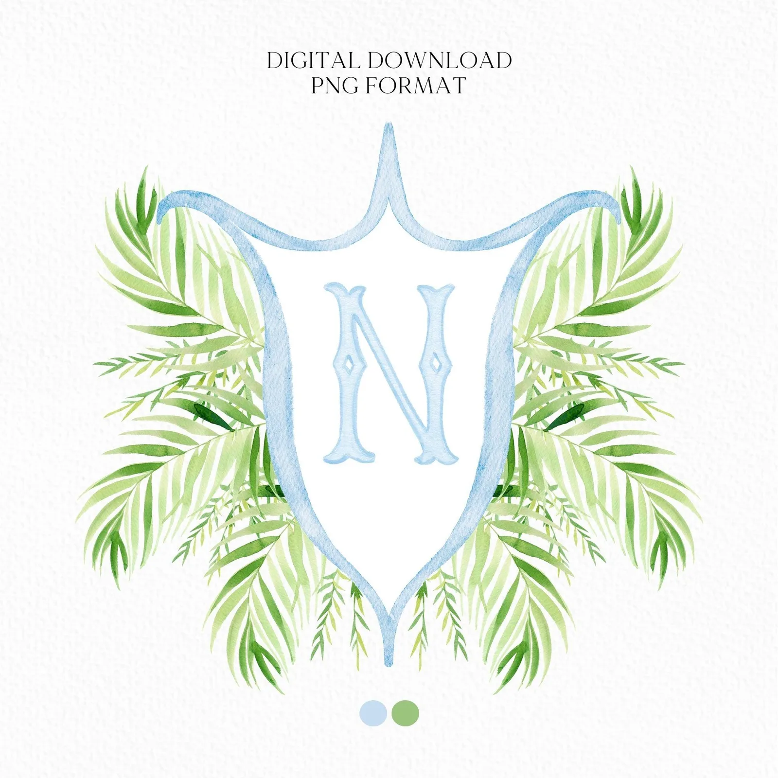 Palm Leaf Greenery Garden Watercolor Wedding Crest - Monogram Crest - Palm leaves Greenery Watercolor Wedding Crest - Romantic Wedding Crest
