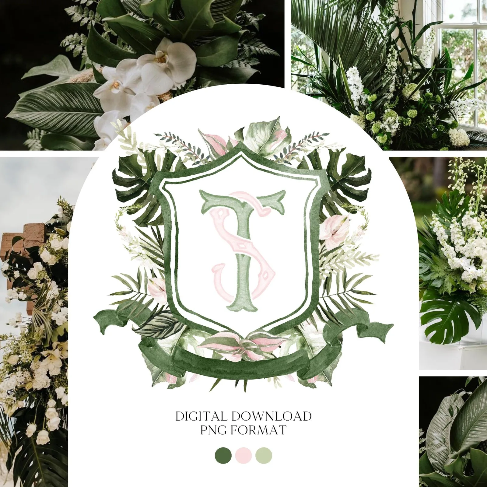Palm Leaf Greenery Garden Watercolor Wedding Crest - Monogram Crest - Palm leaves Greenery Watercolor Wedding Crest - Romantic Wedding Crest