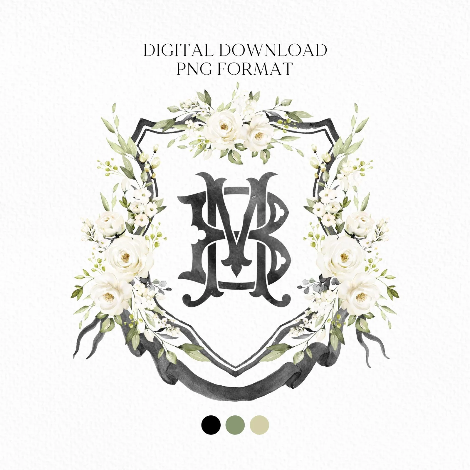 Creamy Rose Ivory Greenery White Flower Wedding Crest - Monogram Crest - White Floral Watercolor Wedding Crest - Romantic Wedding Crest