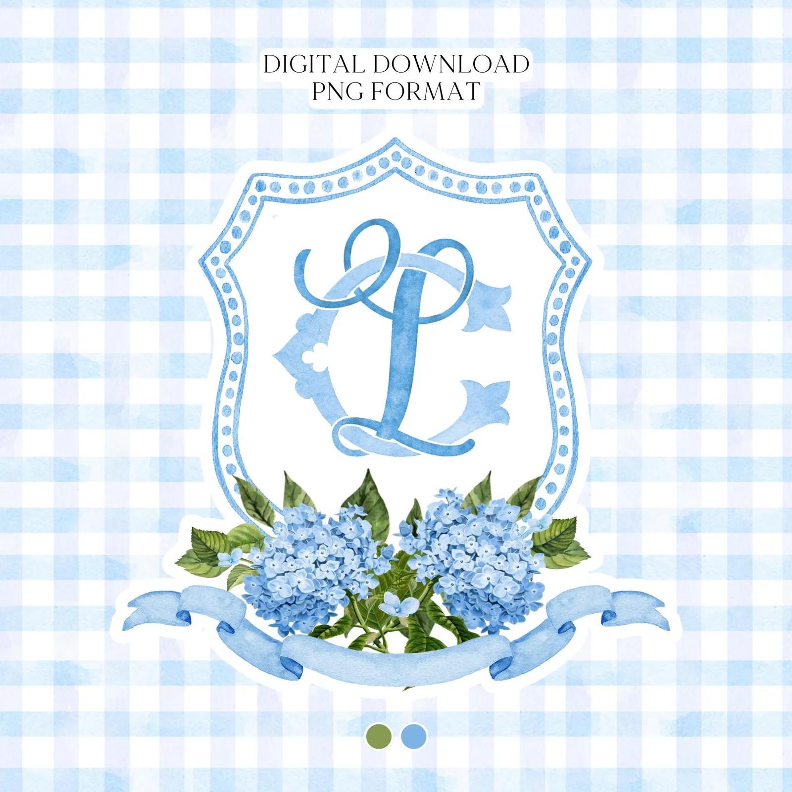 Blue Hydrangea Flower Wedding Crest - Monogram Crest - Hydrangea Floral Luxury Watercolor Wedding Crest - Romantic Wedding Crest