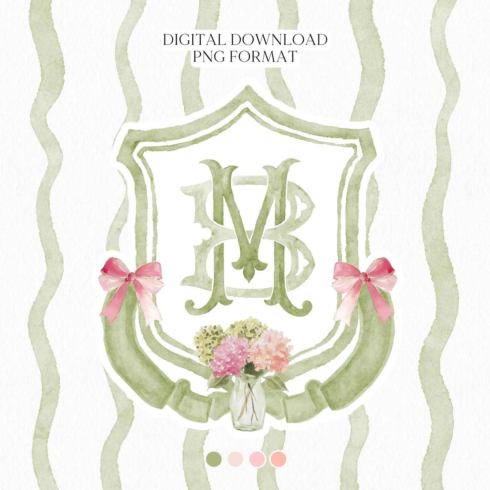 Hydrangea Green Pink Wedding Crest - Monogram Crest