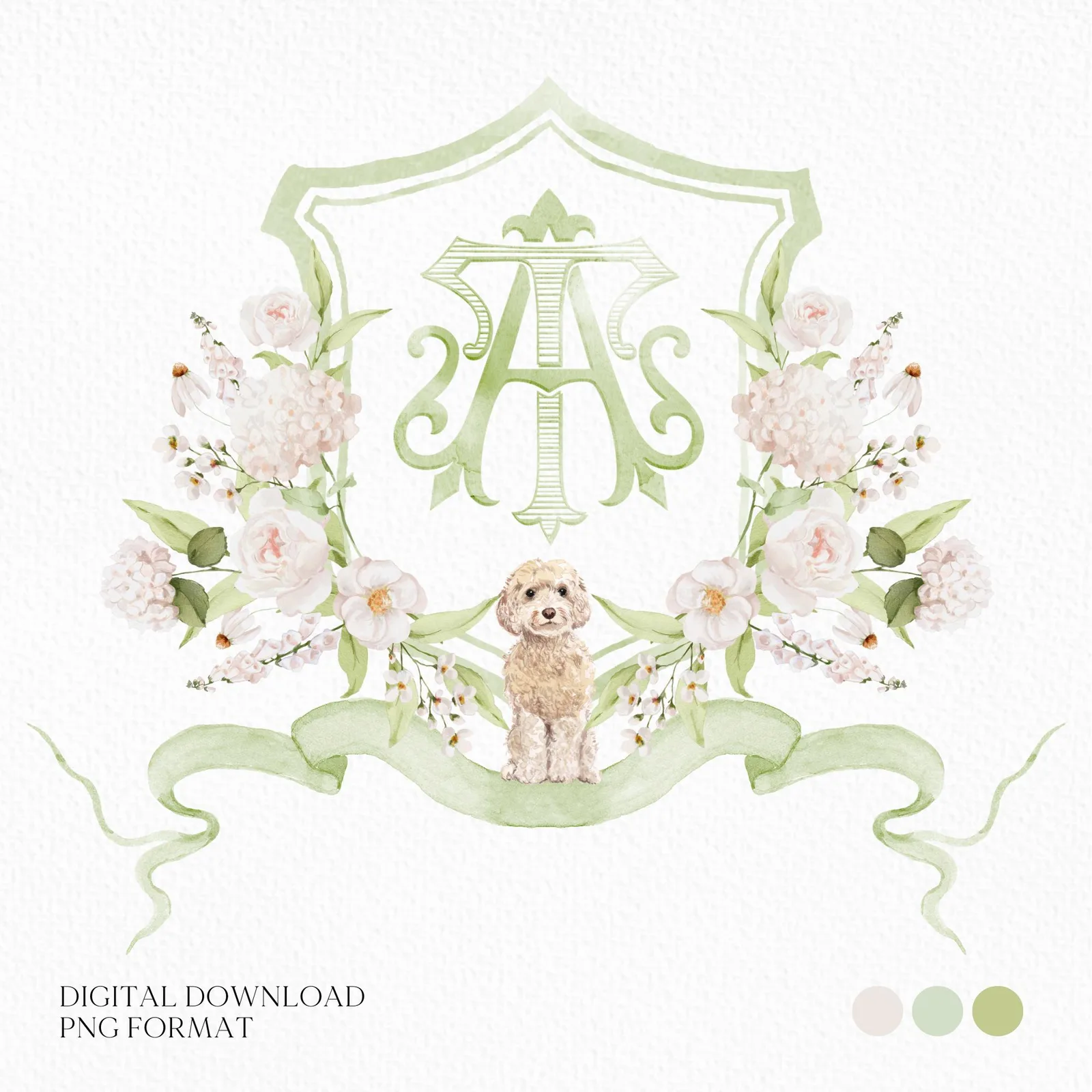 Hydrangea White Flower Wedding Crest - Monogram Crest - White Hydrangea Floral Luxury Watercolor Wedding Crest - Romantic Wedding Crest